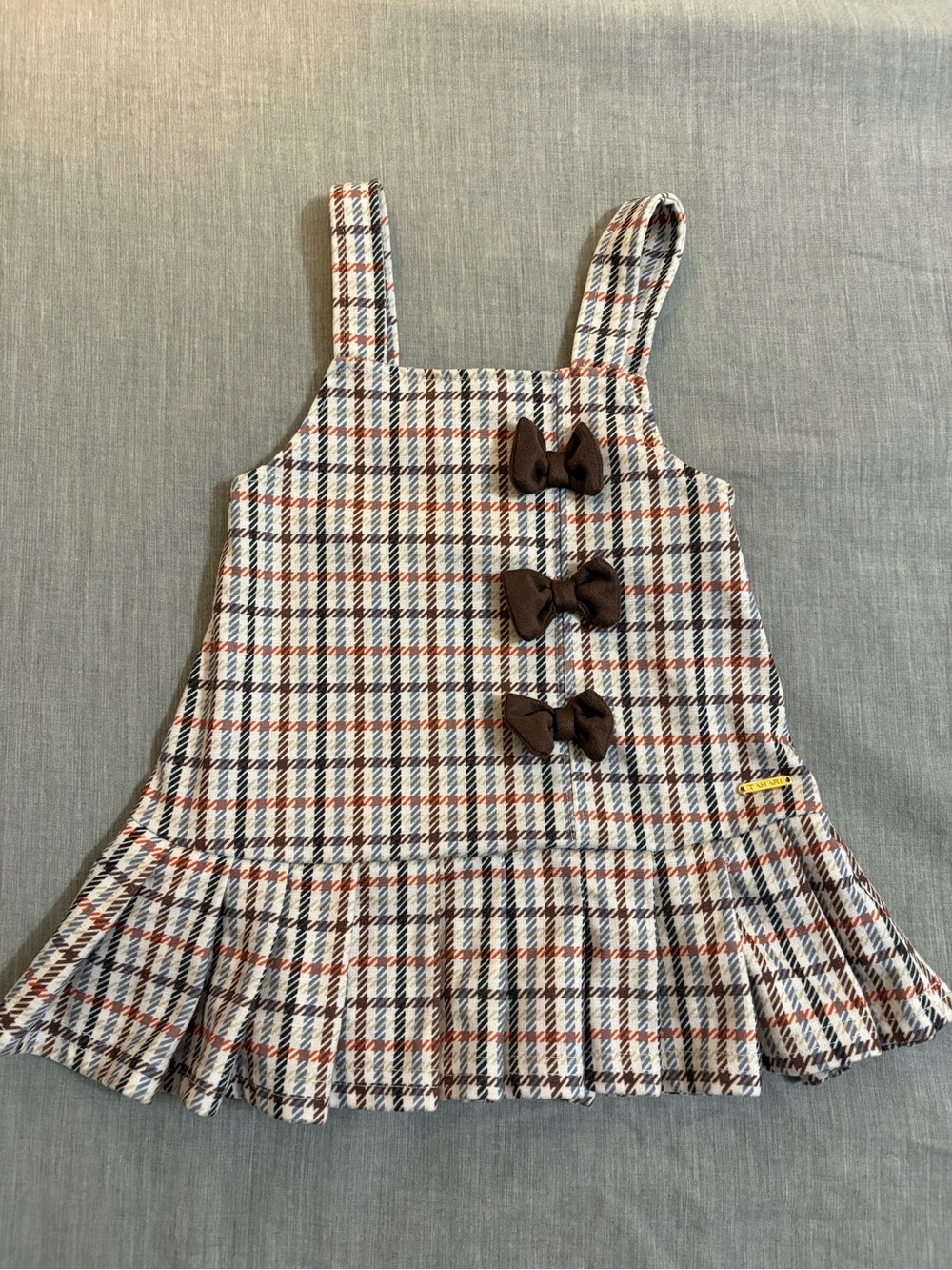 Tahari Baby Girls 12 Months Plaid Tweed Overall Dress Bow Accents Pleated Hem